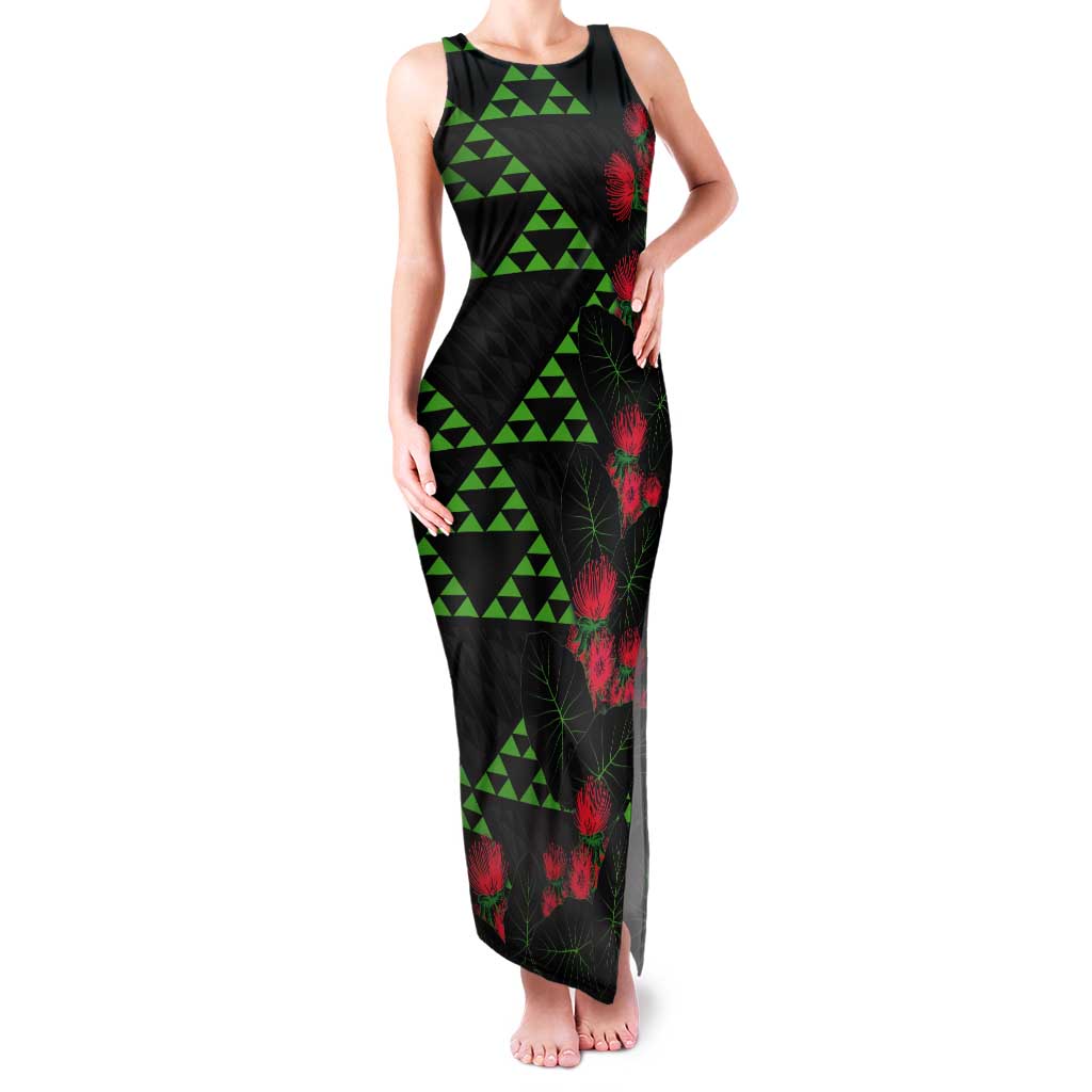 Hawaiian Green Kakau Art Tattoo-Ohia Lehua and Taro Leaves Tank Maxi Dress