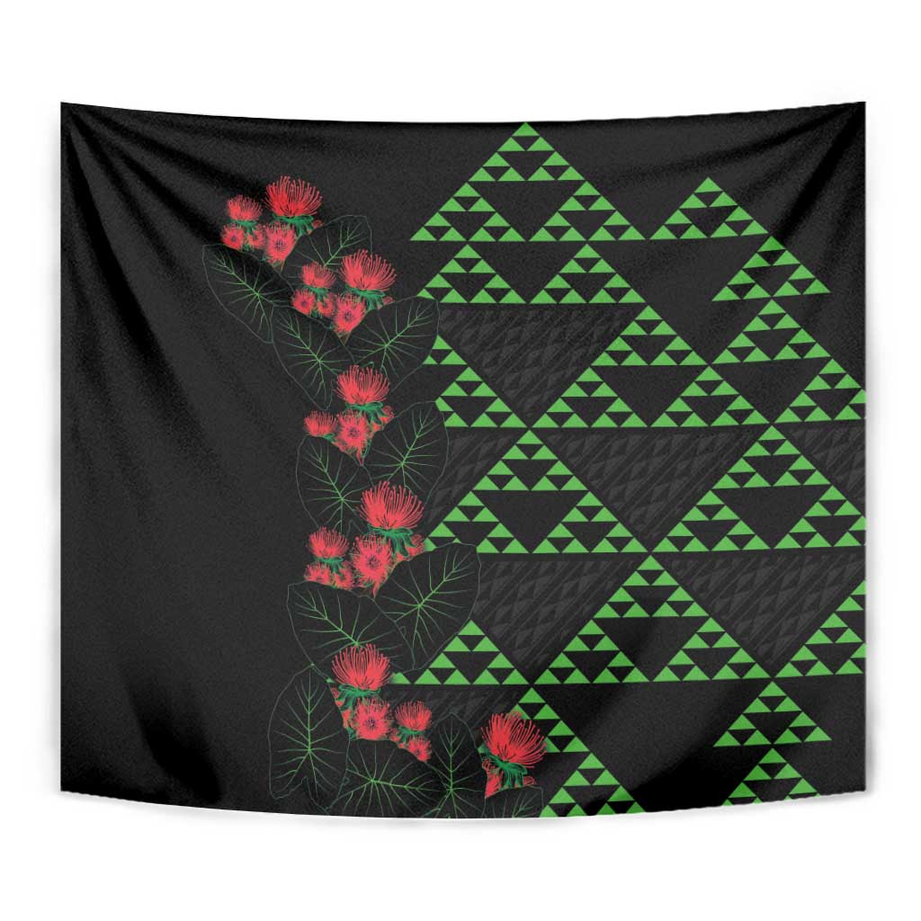 Hawaiian Green Kakau Art Tattoo-Ohia Lehua and Taro Leaves Tapestry