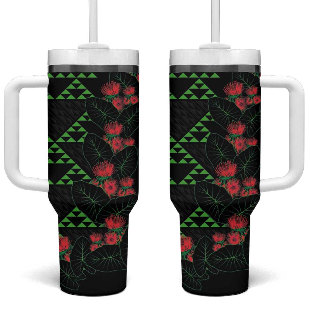 Hawaiian Green Kakau Art Tattoo-Ohia Lehua and Taro Leaves Tumbler With Handle