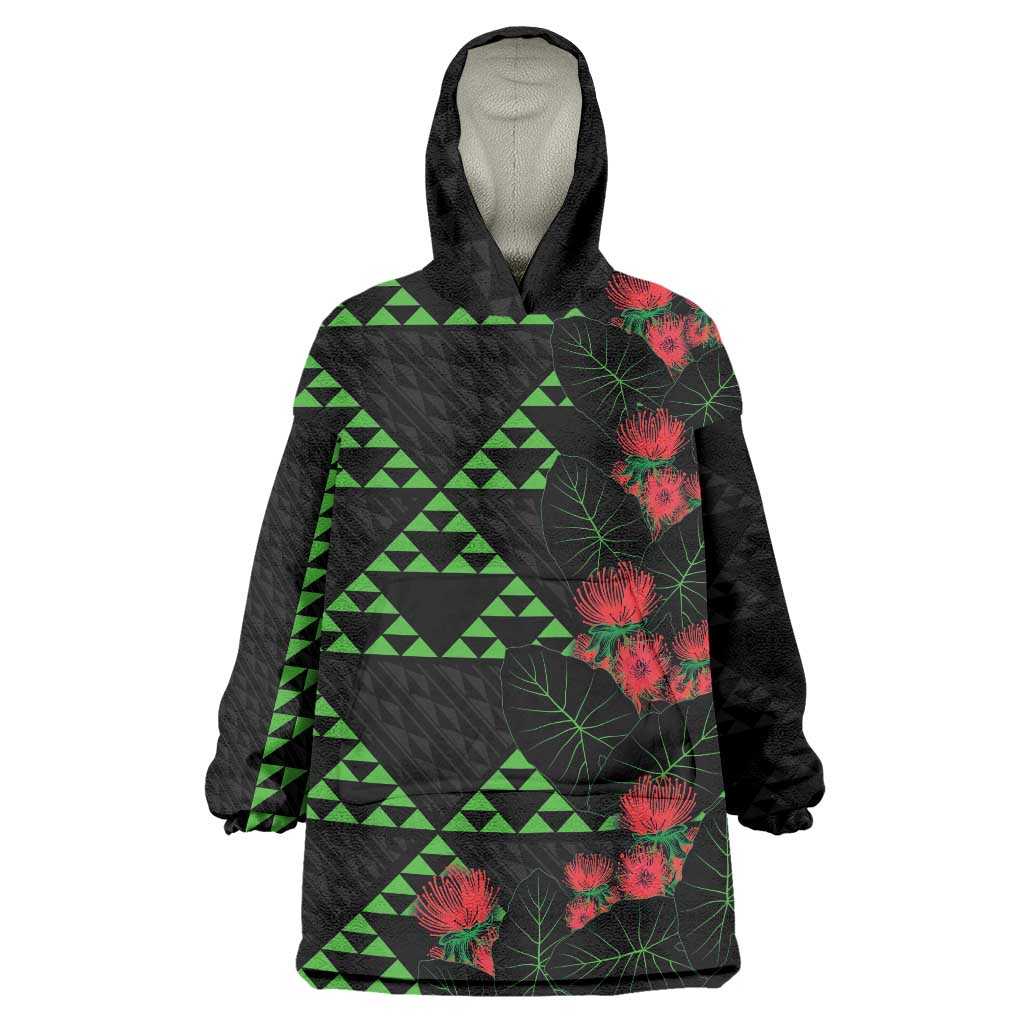 Hawaiian Green Kakau Art Tattoo-Ohia Lehua and Taro Leaves Wearable Blanket Hoodie