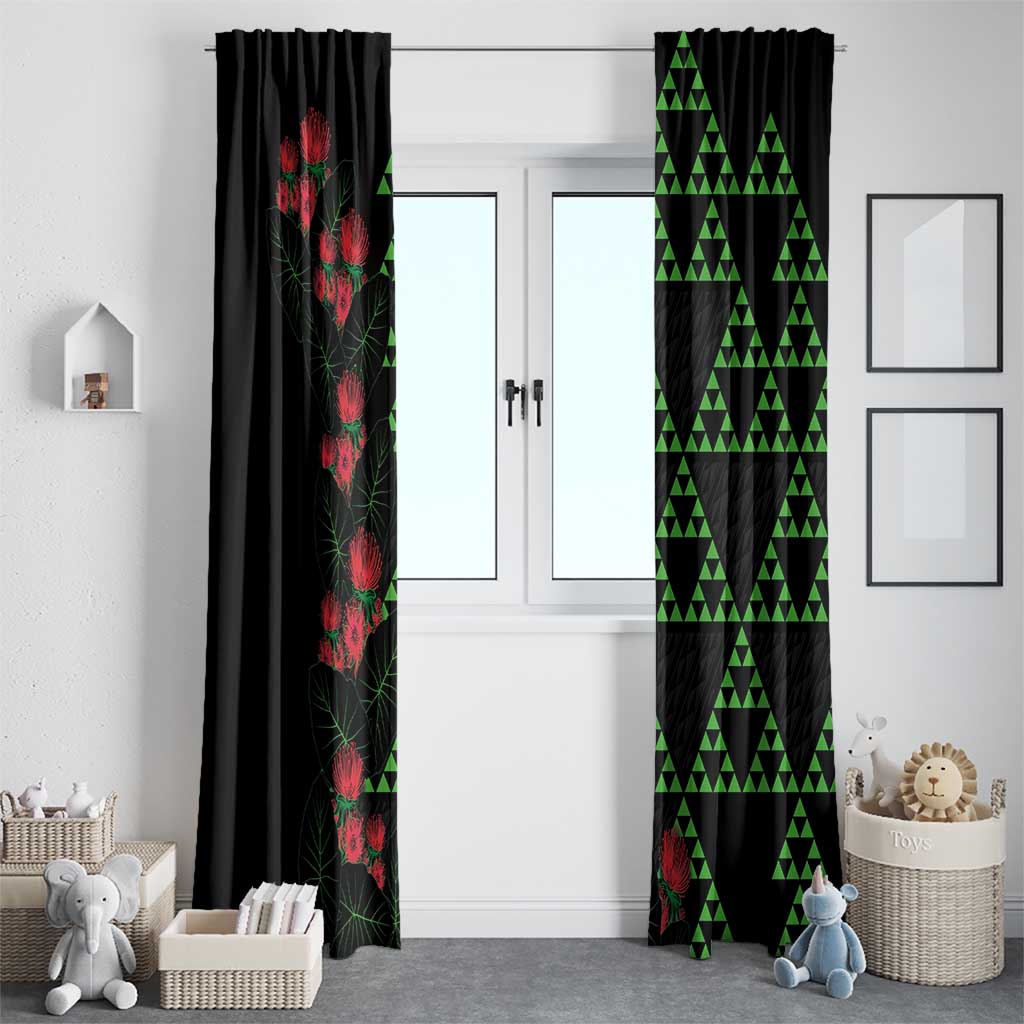 Hawaiian Green Kakau Art Tattoo-Ohia Lehua and Taro Leaves Window Curtain