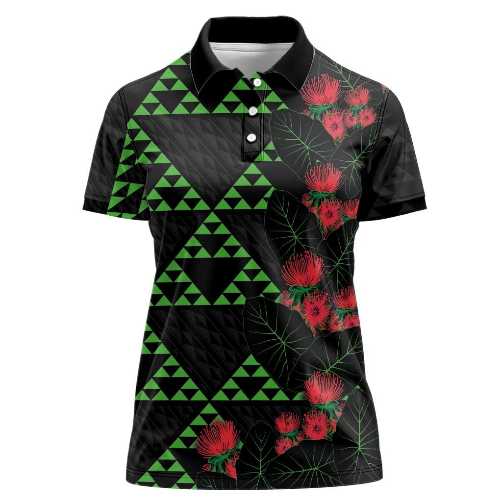 Hawaiian Green Kakau Art Tattoo-Ohia Lehua and Taro Leaves Women Polo Shirt LT03 Female Black-Green - Polynesian Pride