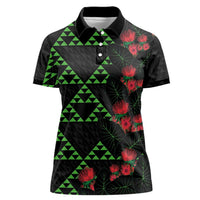Hawaiian Green Kakau Art Tattoo-Ohia Lehua and Taro Leaves Women Polo Shirt LT03 Female Black-Green - Polynesian Pride