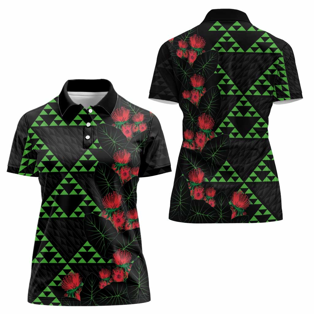 Hawaiian Green Kakau Art Tattoo-Ohia Lehua and Taro Leaves Women Polo Shirt LT03 - Polynesian Pride