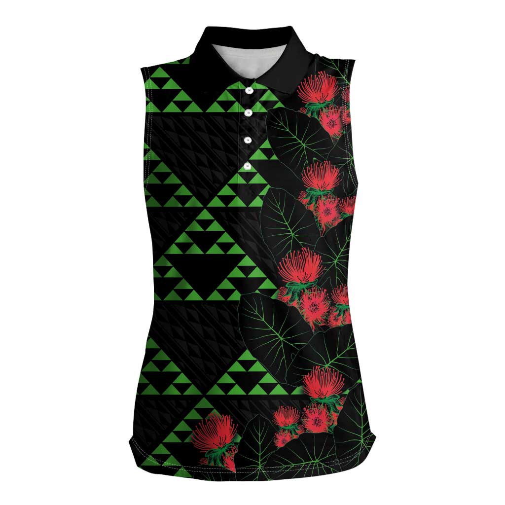 Hawaiian Green Kakau Art Tattoo-Ohia Lehua and Taro Leaves Women Sleeveless Polo Shirt LT03 Female Black-Green - Polynesian Pride