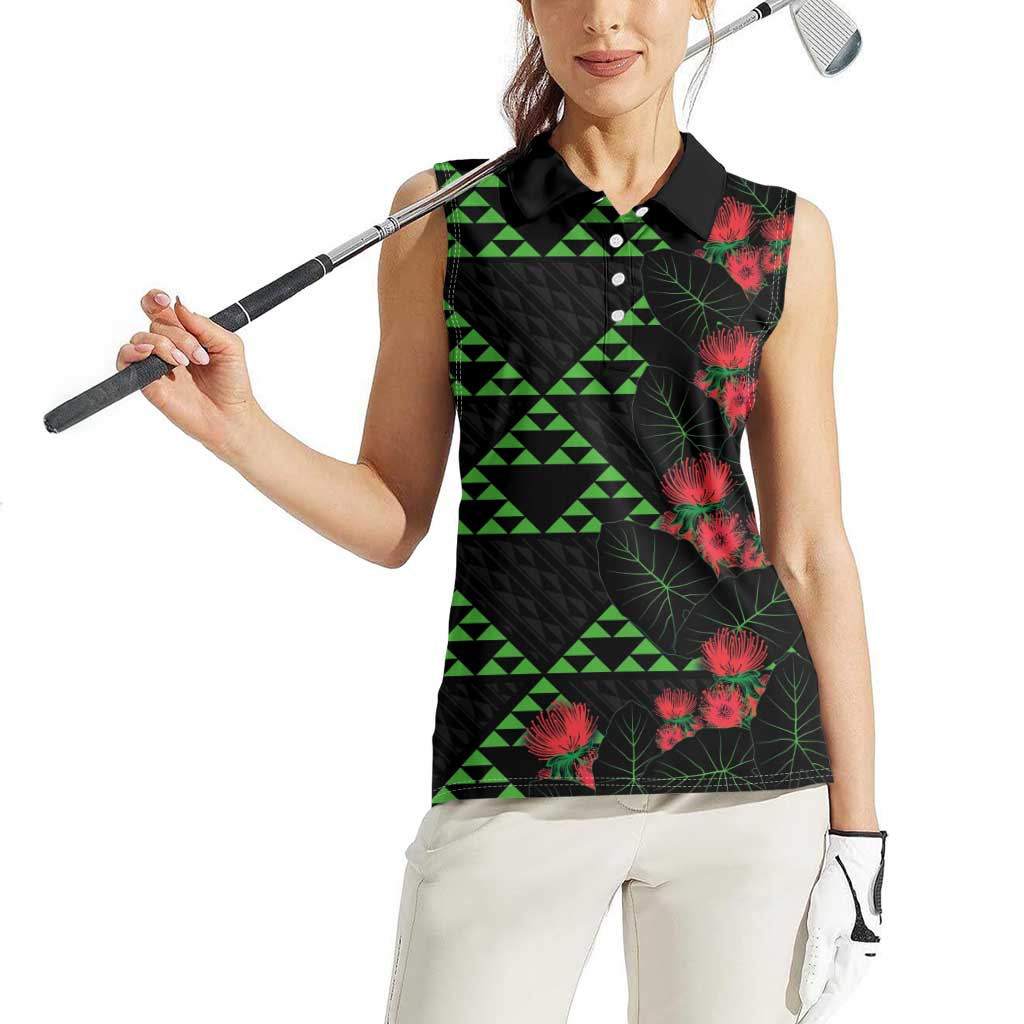 Hawaiian Green Kakau Art Tattoo-Ohia Lehua and Taro Leaves Women Sleeveless Polo Shirt LT03 - Polynesian Pride