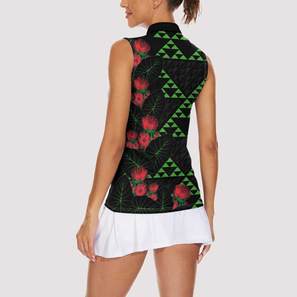 Hawaiian Green Kakau Art Tattoo-Ohia Lehua and Taro Leaves Women Sleeveless Polo Shirt LT03 - Polynesian Pride