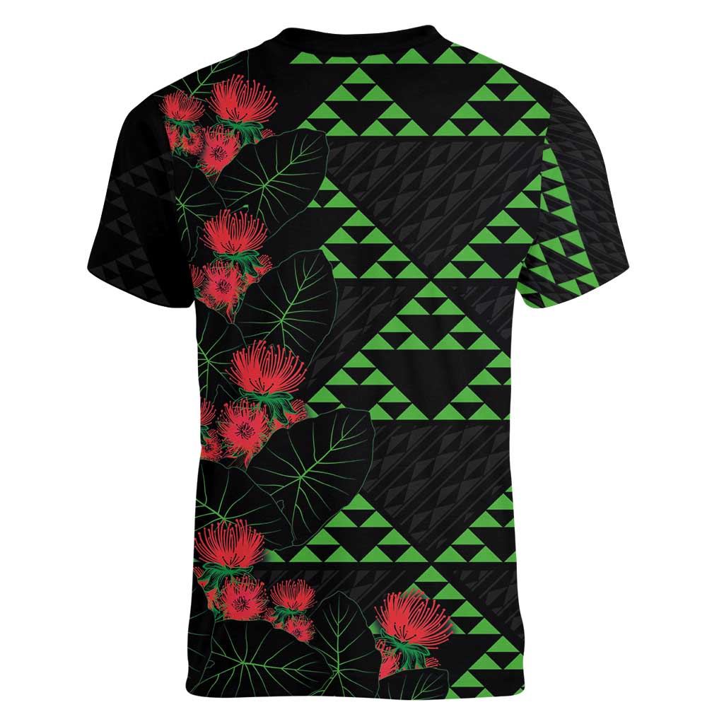 Hawaiian Green Kakau Art Tattoo-Ohia Lehua and Taro Leaves Women V-Neck T-Shirt