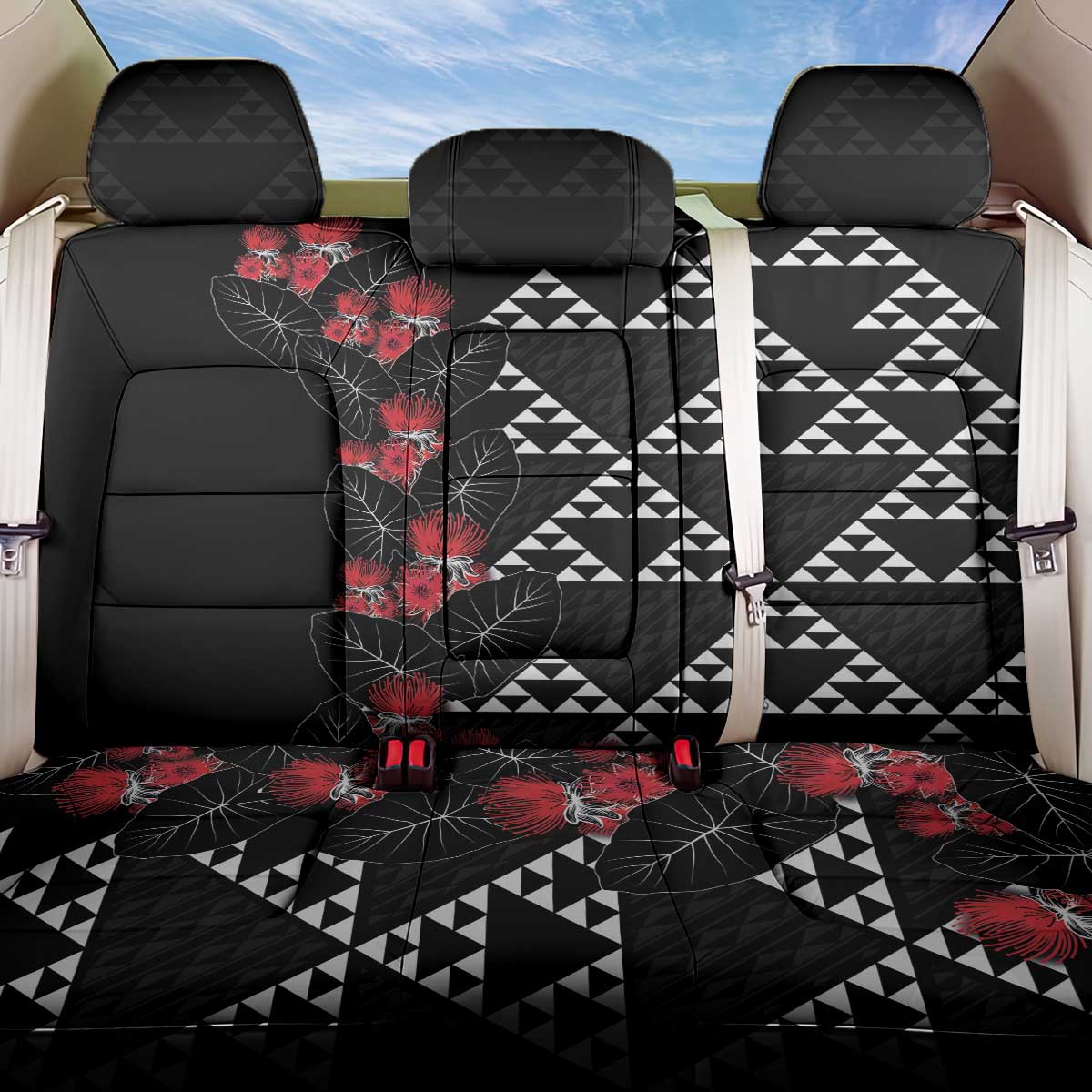 Hawaiian White Kakau Art Tattoo-Ohia Lehua and Taro Leaves Back Car Seat Cover