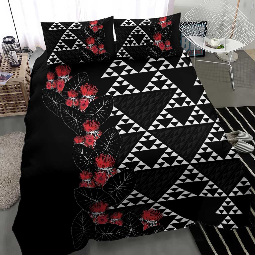 Hawaiian White Kakau Art Tattoo-Ohia Lehua and Taro Leaves Bedding Set