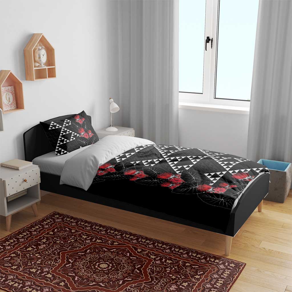 Hawaiian White Kakau Art Tattoo-Ohia Lehua and Taro Leaves Bedding Set