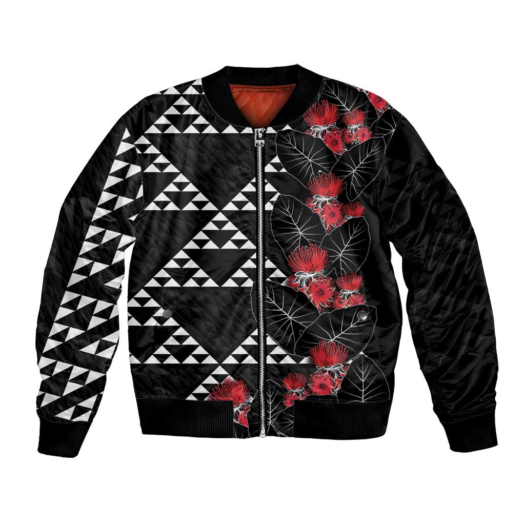 Hawaiian White Kakau Art Tattoo-Ohia Lehua and Taro Leaves Bomber Jacket