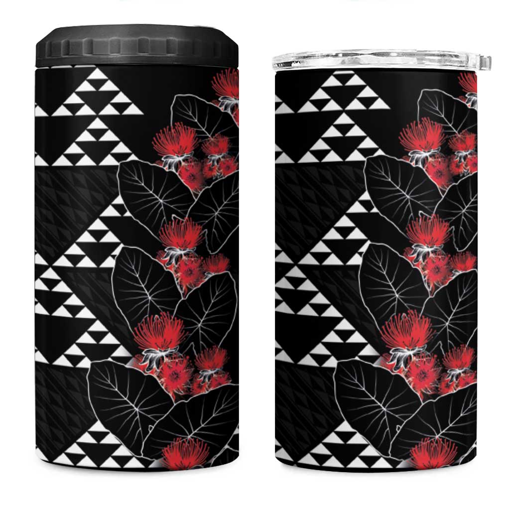 Hawaiian White Kakau Art Tattoo-Ohia Lehua and Taro Leaves 4 in 1 Can Cooler Tumbler