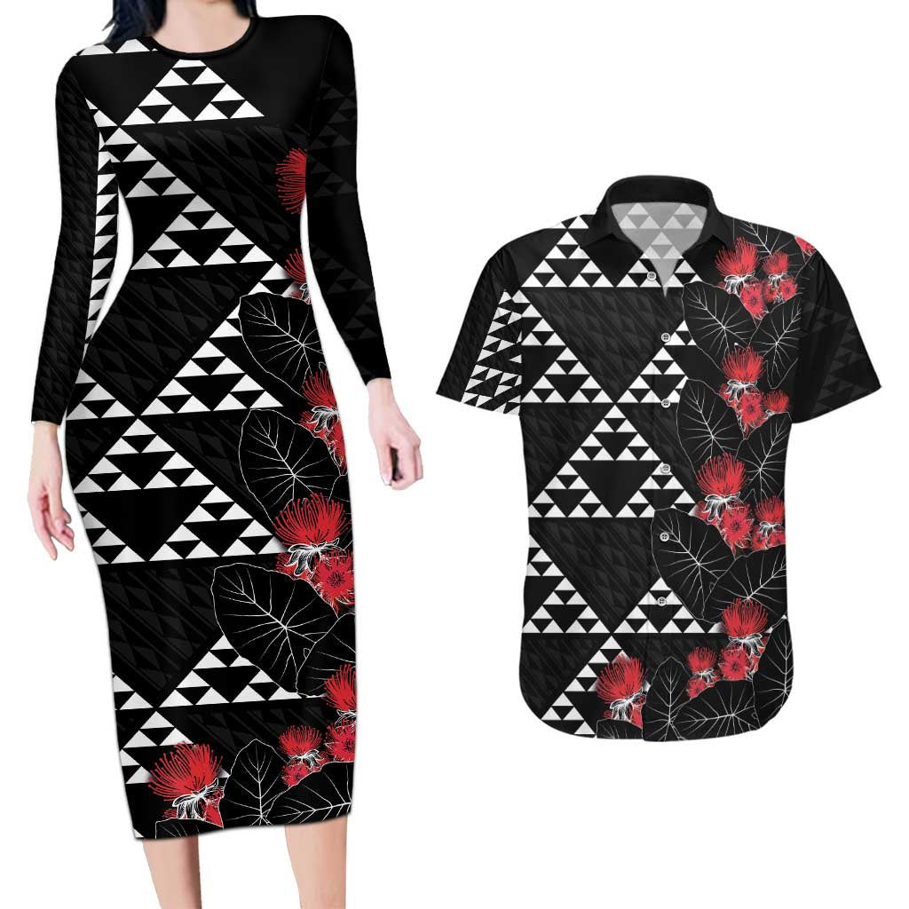 Hawaiian White Kakau Art Tattoo-Ohia Lehua and Taro Leaves Couples Matching Long Sleeve Bodycon Dress and Hawaiian Shirt
