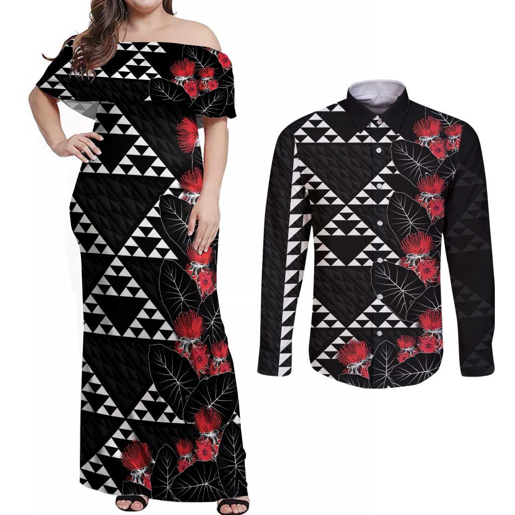 Hawaiian White Kakau Art Tattoo-Ohia Lehua and Taro Leaves Couples Matching Off Shoulder Maxi Dress and Long Sleeve Button Shirt