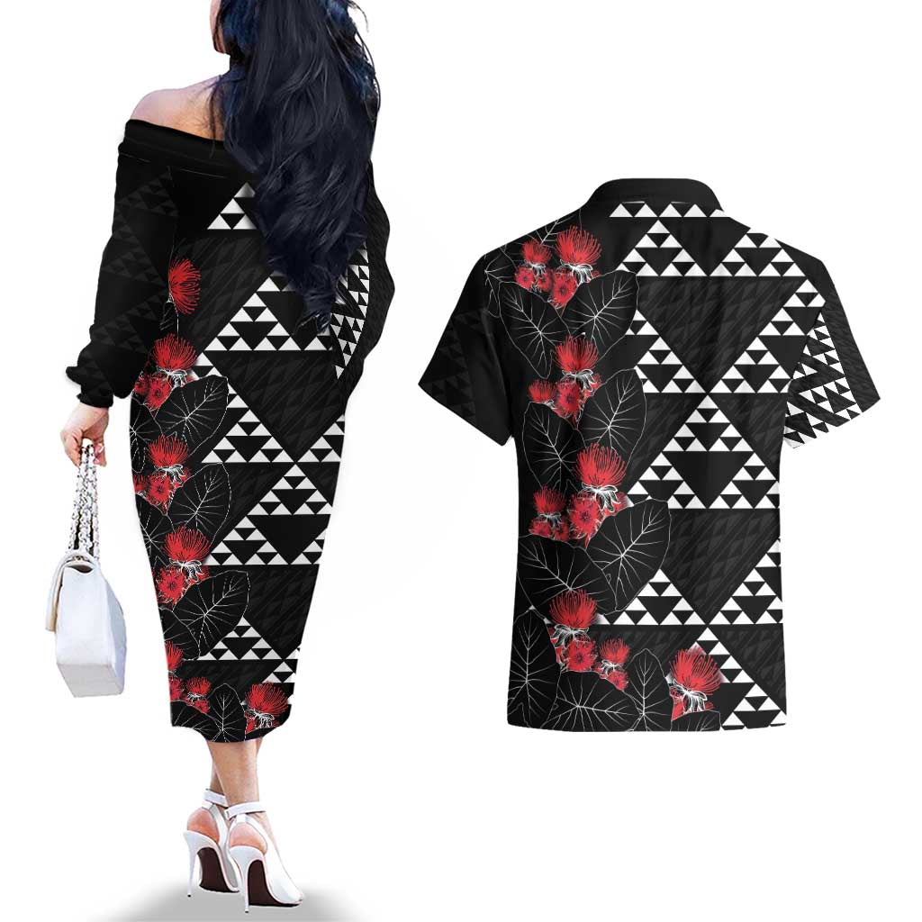 Hawaiian White Kakau Art Tattoo-Ohia Lehua and Taro Leaves Couples Matching Off The Shoulder Long Sleeve Dress and Hawaiian Shirt