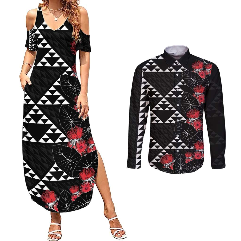 Hawaiian White Kakau Art Tattoo-Ohia Lehua and Taro Leaves Couples Matching Summer Maxi Dress and Long Sleeve Button Shirt