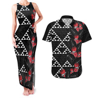 Hawaiian White Kakau Art Tattoo-Ohia Lehua and Taro Leaves Couples Matching Tank Maxi Dress and Hawaiian Shirt