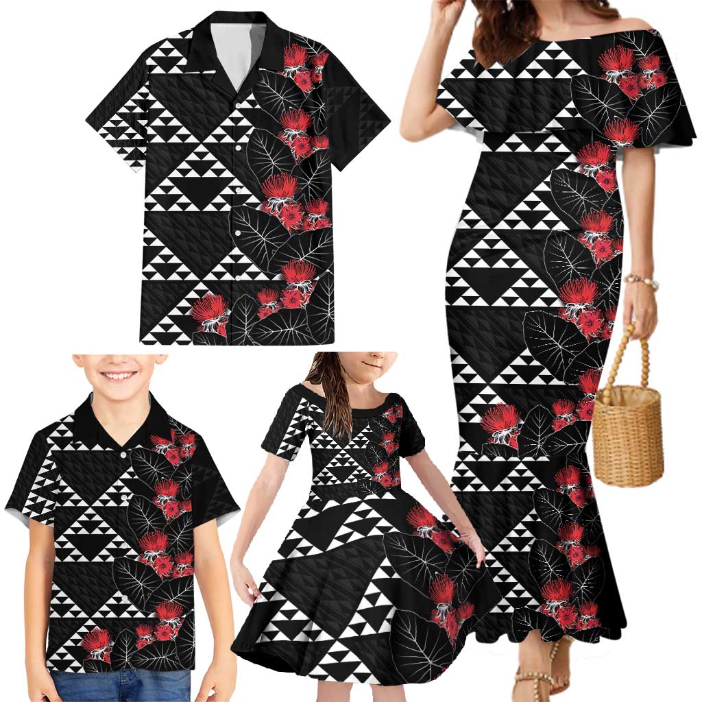 Hawaiian White Kakau Art Tattoo-Ohia Lehua and Taro Leaves Family Matching Mermaid Dress and Hawaiian Shirt