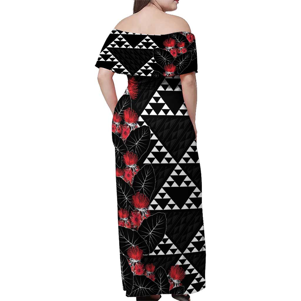 Hawaiian White Kakau Art Tattoo-Ohia Lehua and Taro Leaves Family Matching Off Shoulder Maxi Dress and Hawaiian Shirt