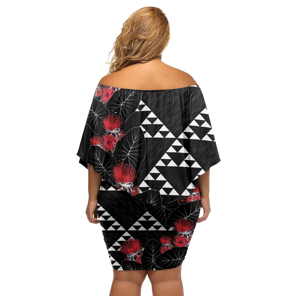 Hawaiian White Kakau Art Tattoo-Ohia Lehua and Taro Leaves Family Matching Off Shoulder Short Dress and Hawaiian Shirt