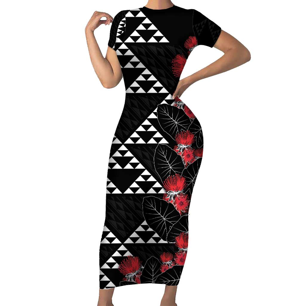 Hawaiian White Kakau Art Tattoo-Ohia Lehua and Taro Leaves Family Matching Short Sleeve Bodycon Dress and Hawaiian Shirt