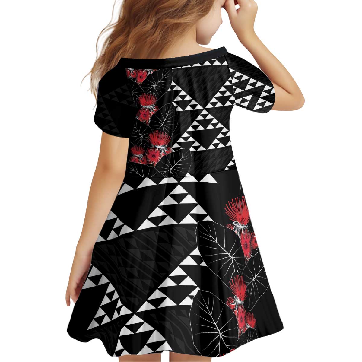 Hawaiian White Kakau Art Tattoo-Ohia Lehua and Taro Leaves Kid Short Sleeve Dress LT03 - Polynesian Pride