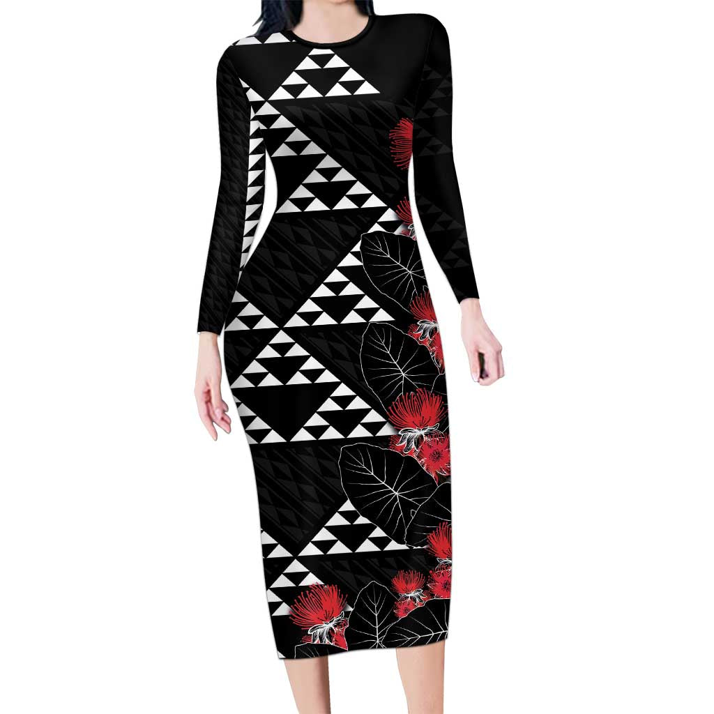 Hawaiian White Kakau Art Tattoo-Ohia Lehua and Taro Leaves Long Sleeve Bodycon Dress