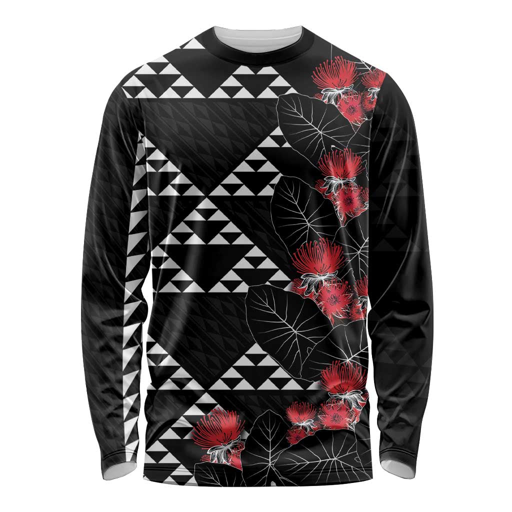 Hawaiian White Kakau Art Tattoo-Ohia Lehua and Taro Leaves Long Sleeve Shirt