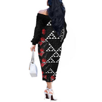 Hawaiian White Kakau Art Tattoo-Ohia Lehua and Taro Leaves Off The Shoulder Long Sleeve Dress LT03 - Polynesian Pride