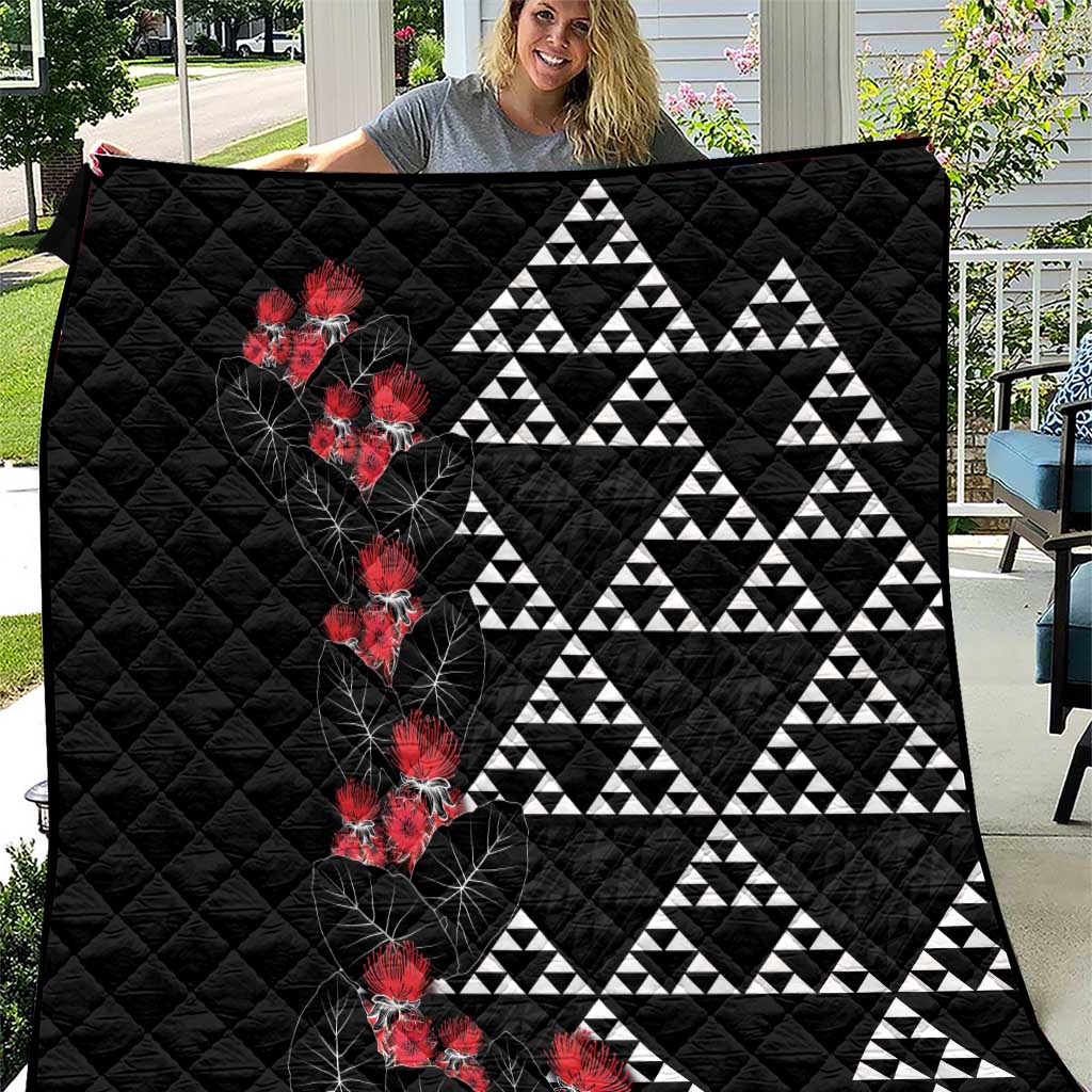 Hawaiian White Kakau Art Tattoo-Ohia Lehua and Taro Leaves Quilt LT03 Black-White - Polynesian Pride
