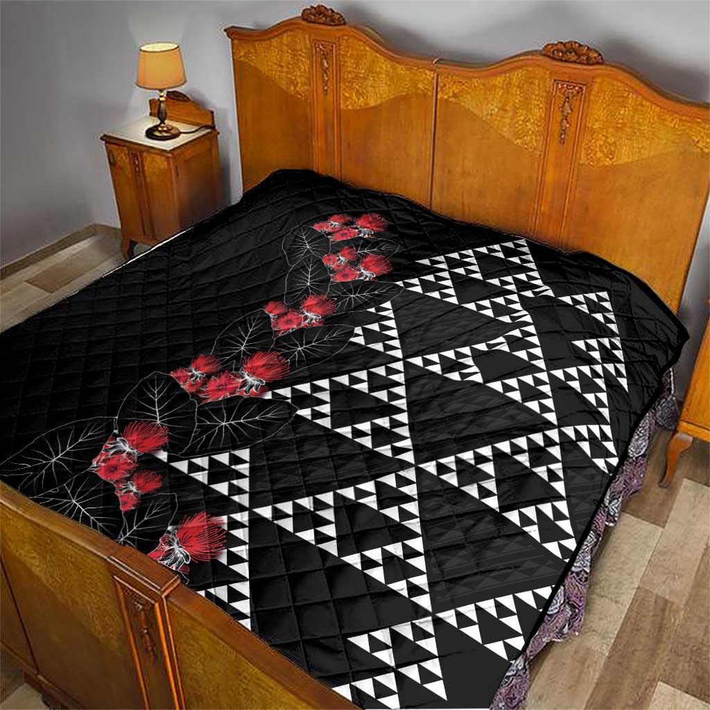 Hawaiian White Kakau Art Tattoo-Ohia Lehua and Taro Leaves Quilt LT03 - Polynesian Pride