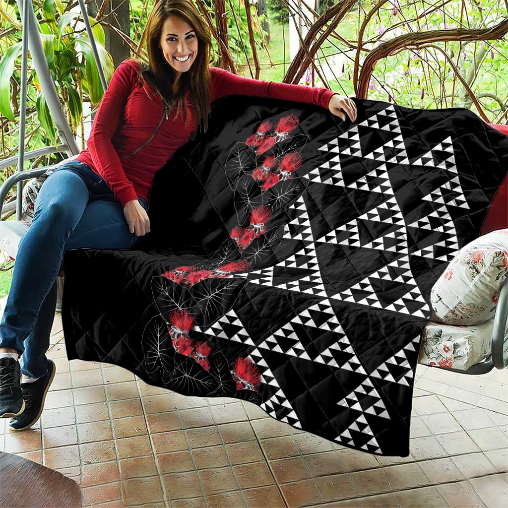 Hawaiian White Kakau Art Tattoo-Ohia Lehua and Taro Leaves Quilt LT03 - Polynesian Pride