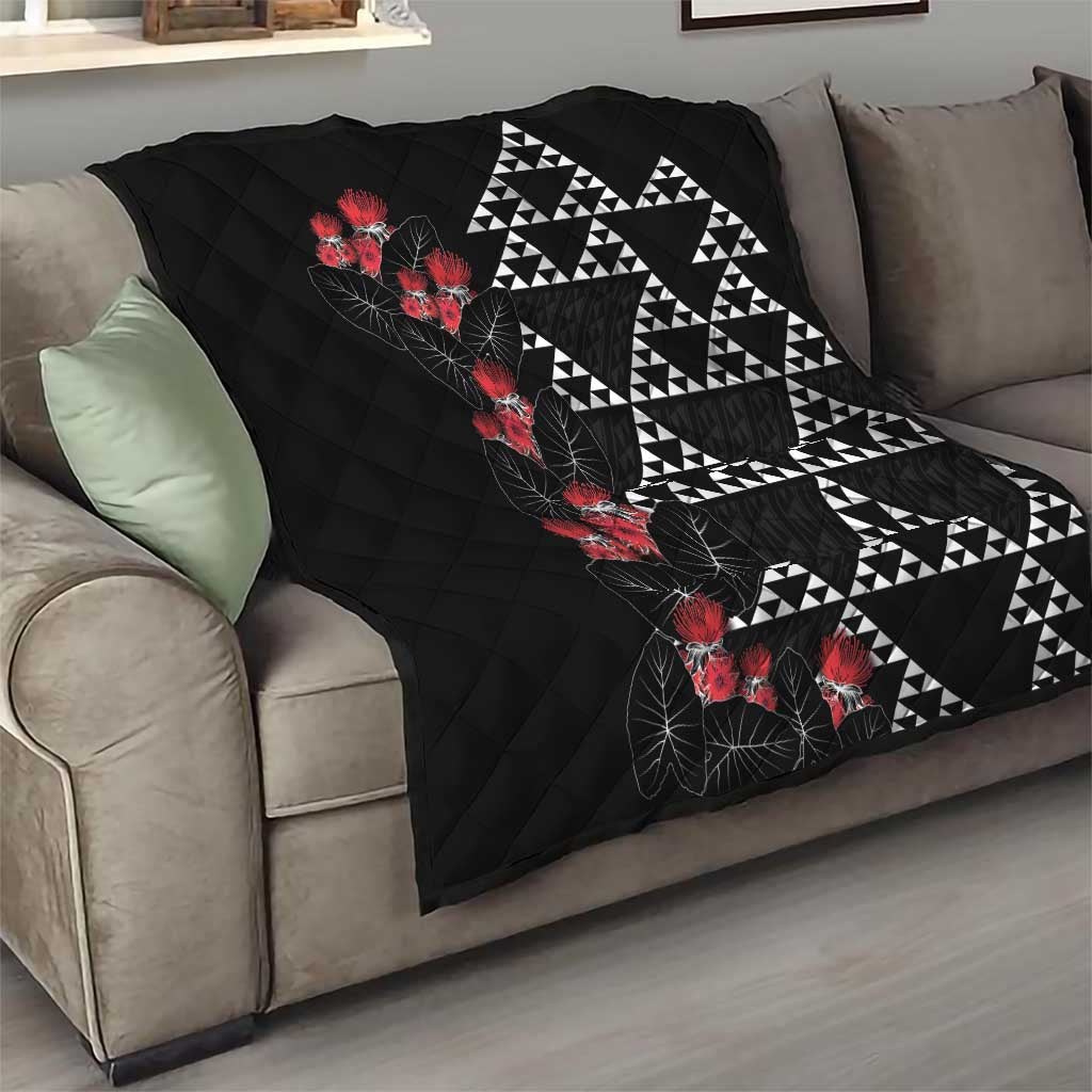 Hawaiian White Kakau Art Tattoo-Ohia Lehua and Taro Leaves Quilt LT03 - Polynesian Pride