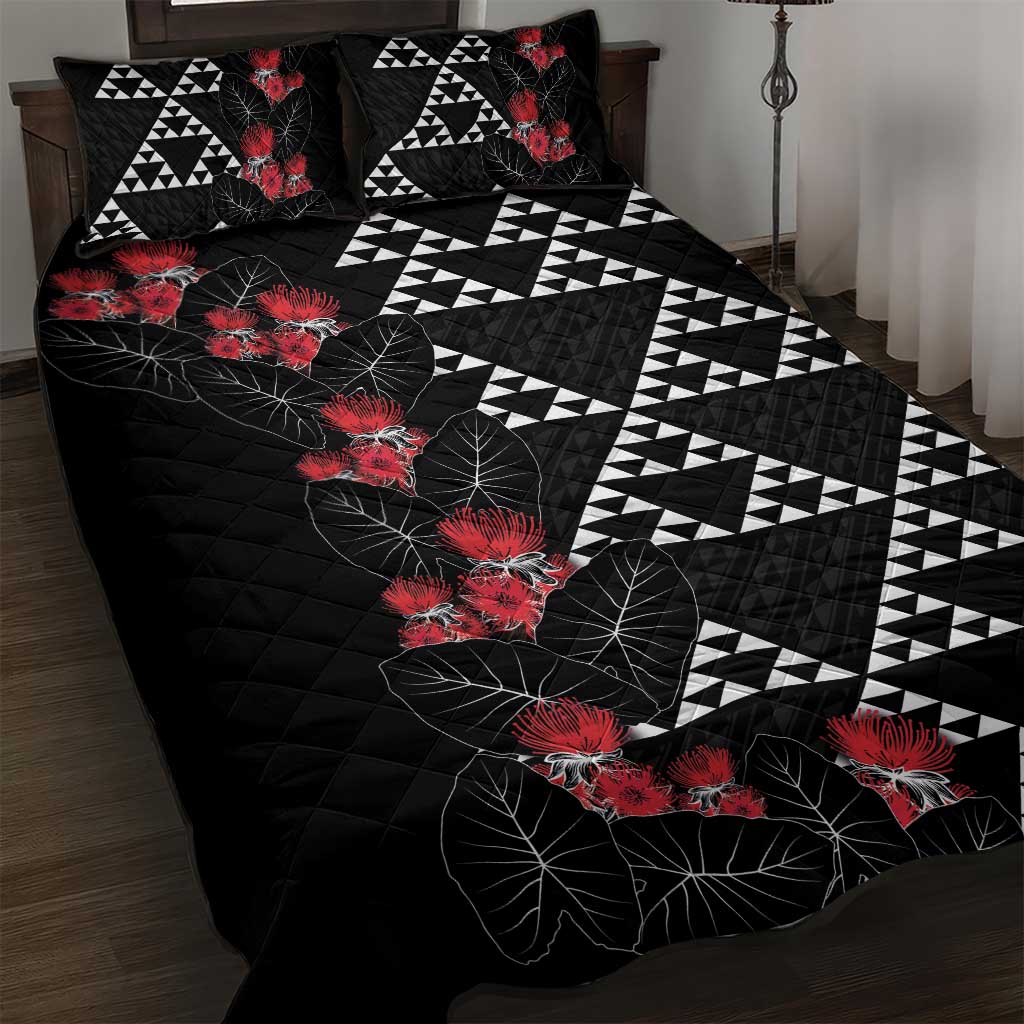 Hawaiian White Kakau Art Tattoo-Ohia Lehua and Taro Leaves Quilt Bed Set