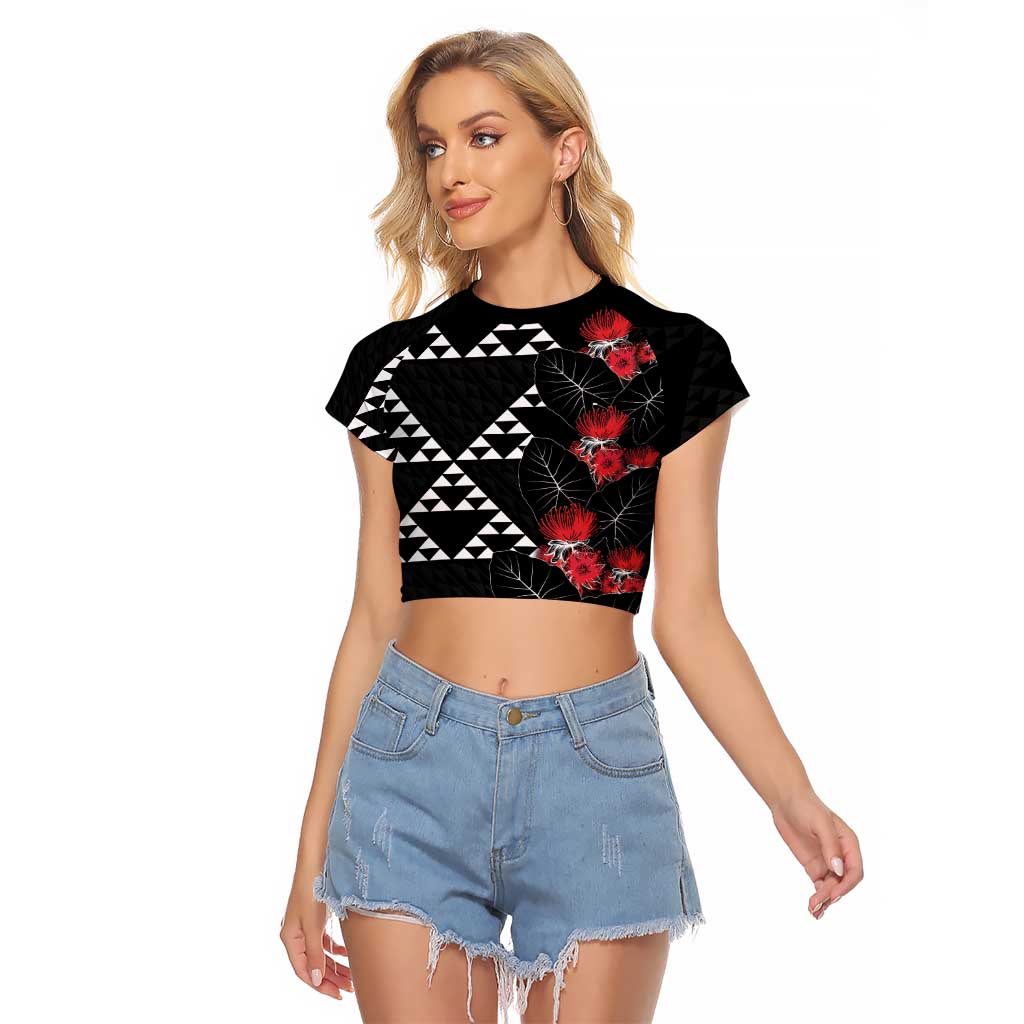 Hawaiian White Kakau Art Tattoo-Ohia Lehua and Taro Leaves Raglan Cropped T Shirt