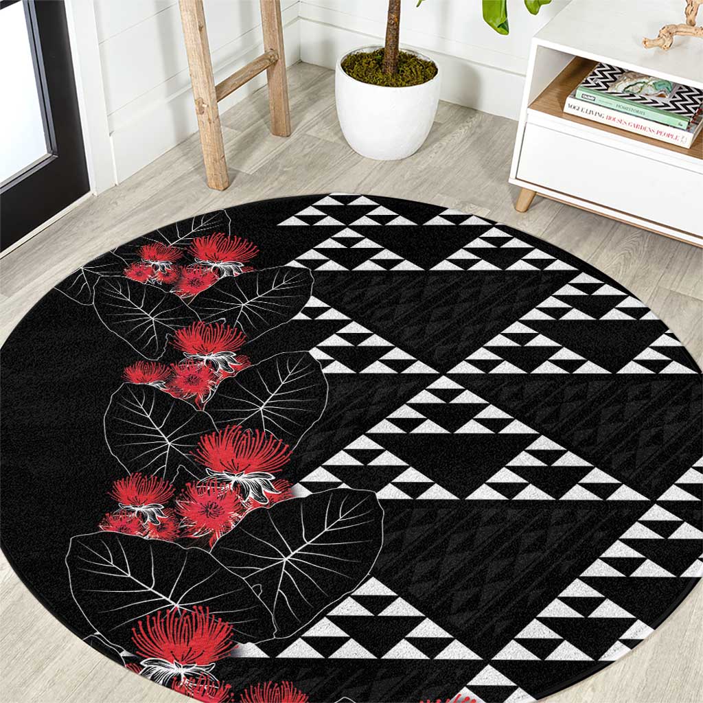 Hawaiian White Kakau Art Tattoo-Ohia Lehua and Taro Leaves Round Carpet