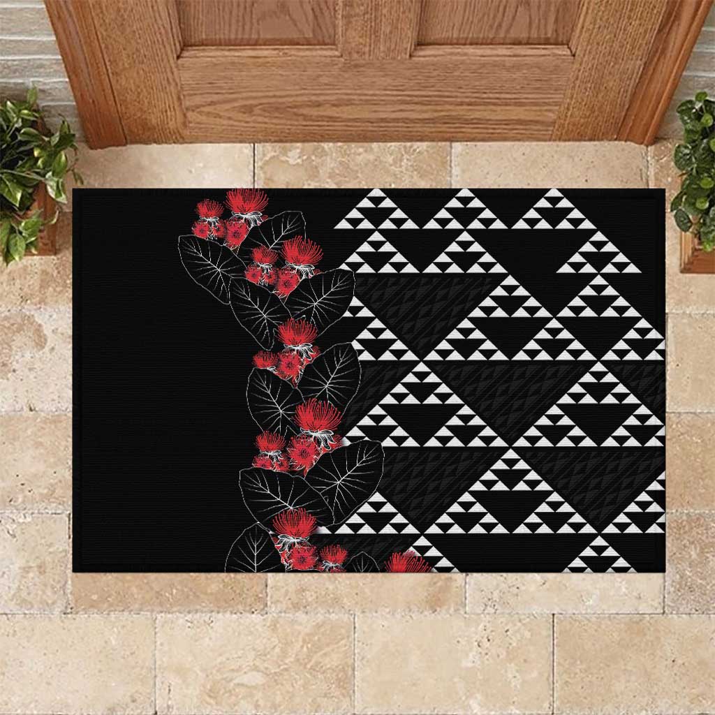 Hawaiian White Kakau Art Tattoo-Ohia Lehua and Taro Leaves Rubber Doormat