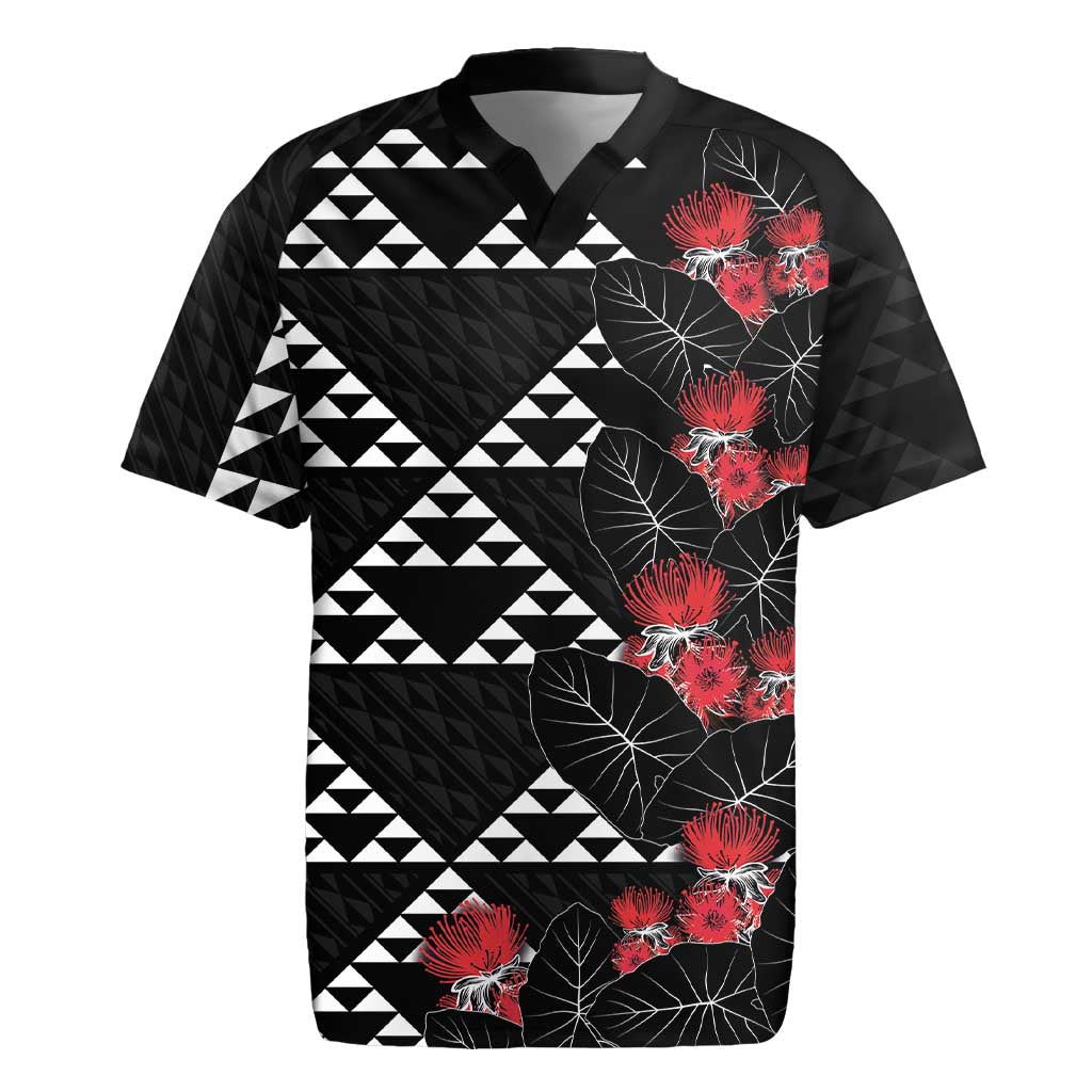 Hawaiian White Kakau Art Tattoo-Ohia Lehua and Taro Leaves Rugby Jersey