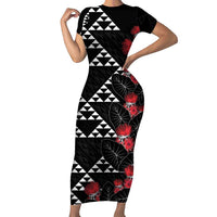 Hawaiian White Kakau Art Tattoo-Ohia Lehua and Taro Leaves Short Sleeve Bodycon Dress