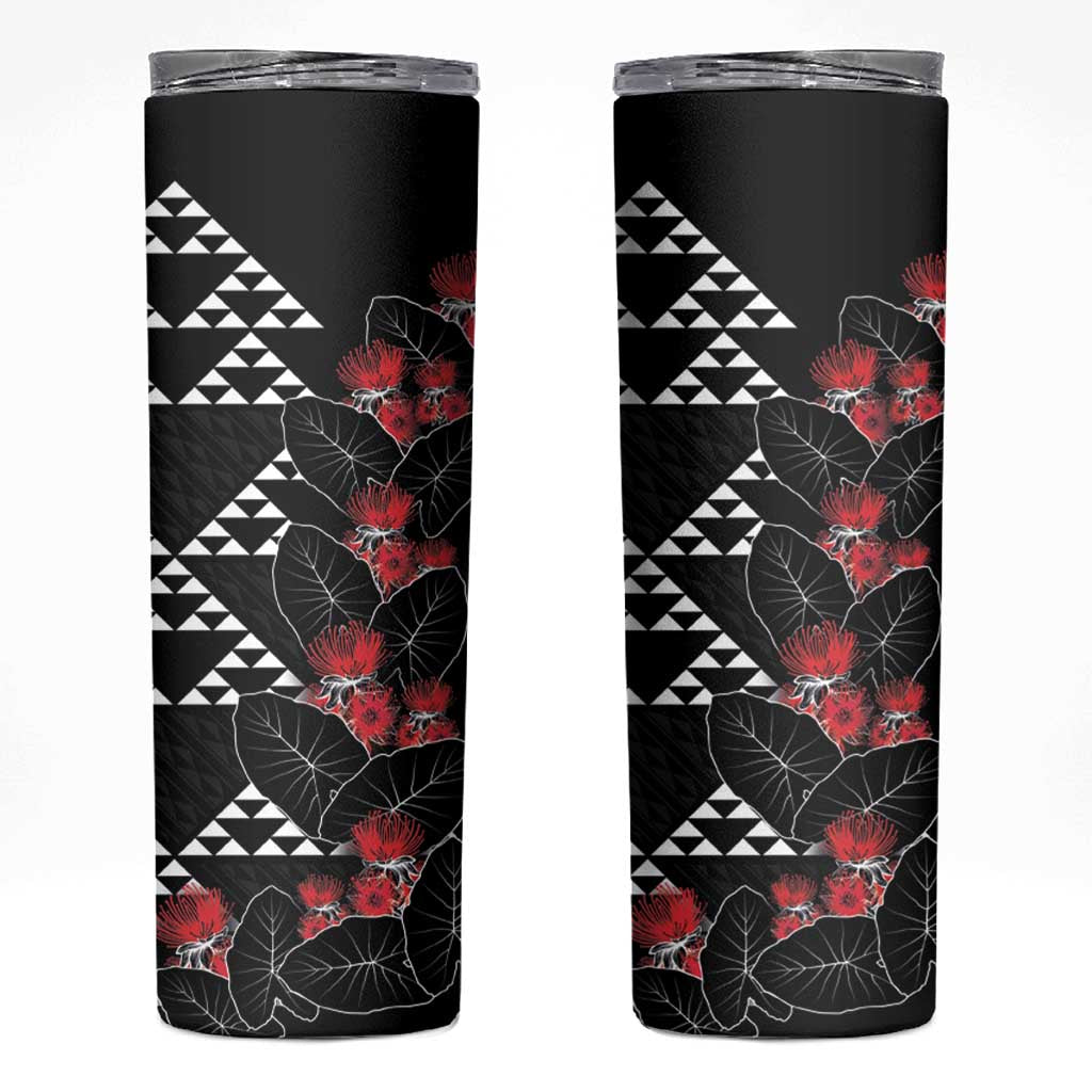 Hawaiian White Kakau Art Tattoo-Ohia Lehua and Taro Leaves Skinny Tumbler