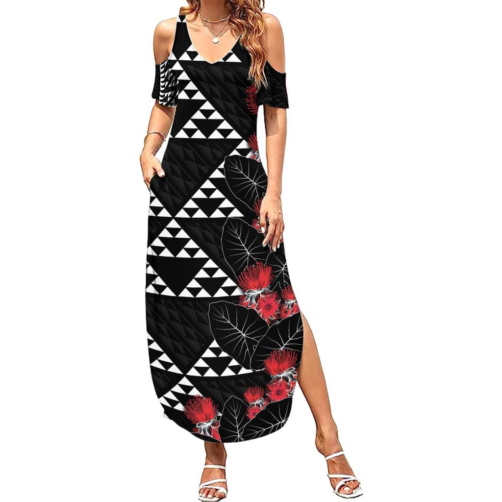 Hawaiian White Kakau Art Tattoo-Ohia Lehua and Taro Leaves Summer Maxi Dress