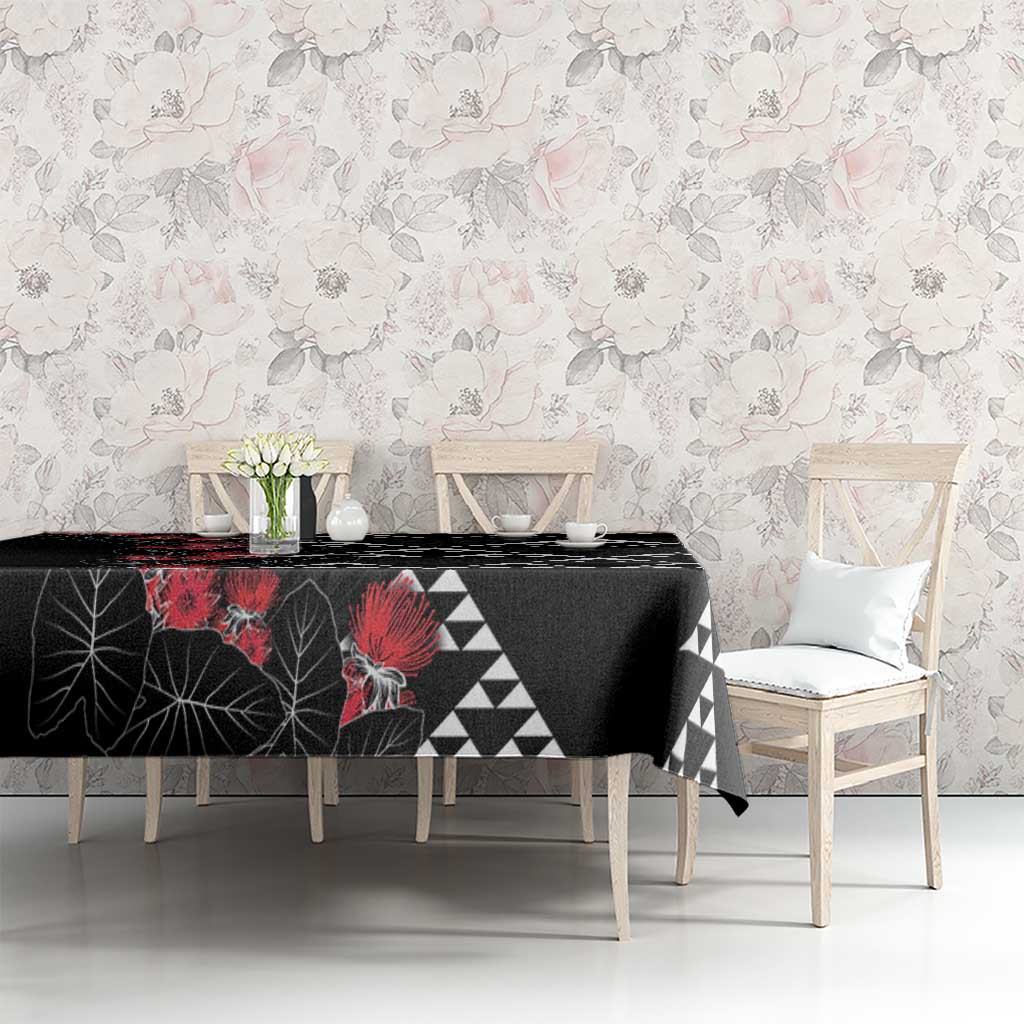 Hawaiian White Kakau Art Tattoo-Ohia Lehua and Taro Leaves Tablecloth