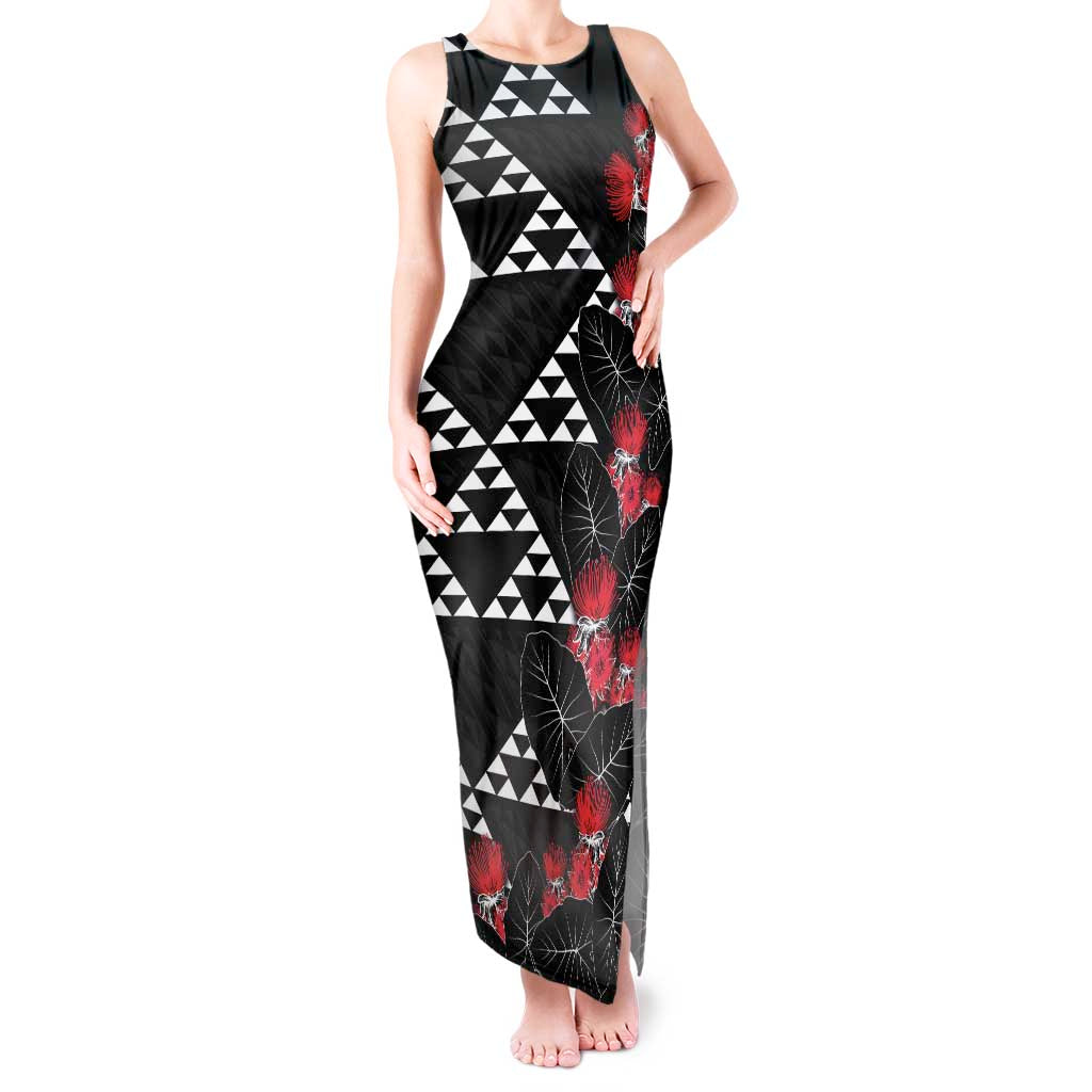 Hawaiian White Kakau Art Tattoo-Ohia Lehua and Taro Leaves Tank Maxi Dress