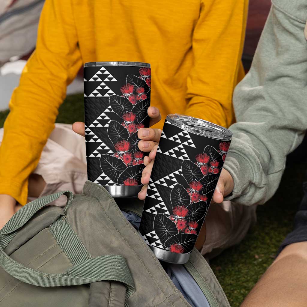 Hawaiian White Kakau Art Tattoo-Ohia Lehua and Taro Leaves Tumbler Cup