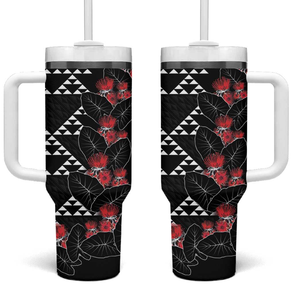 Hawaiian White Kakau Art Tattoo-Ohia Lehua and Taro Leaves Tumbler With Handle