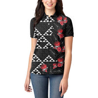 Hawaiian White Kakau Art Tattoo-Ohia Lehua and Taro Leaves Women Polo Shirt LT03 - Polynesian Pride