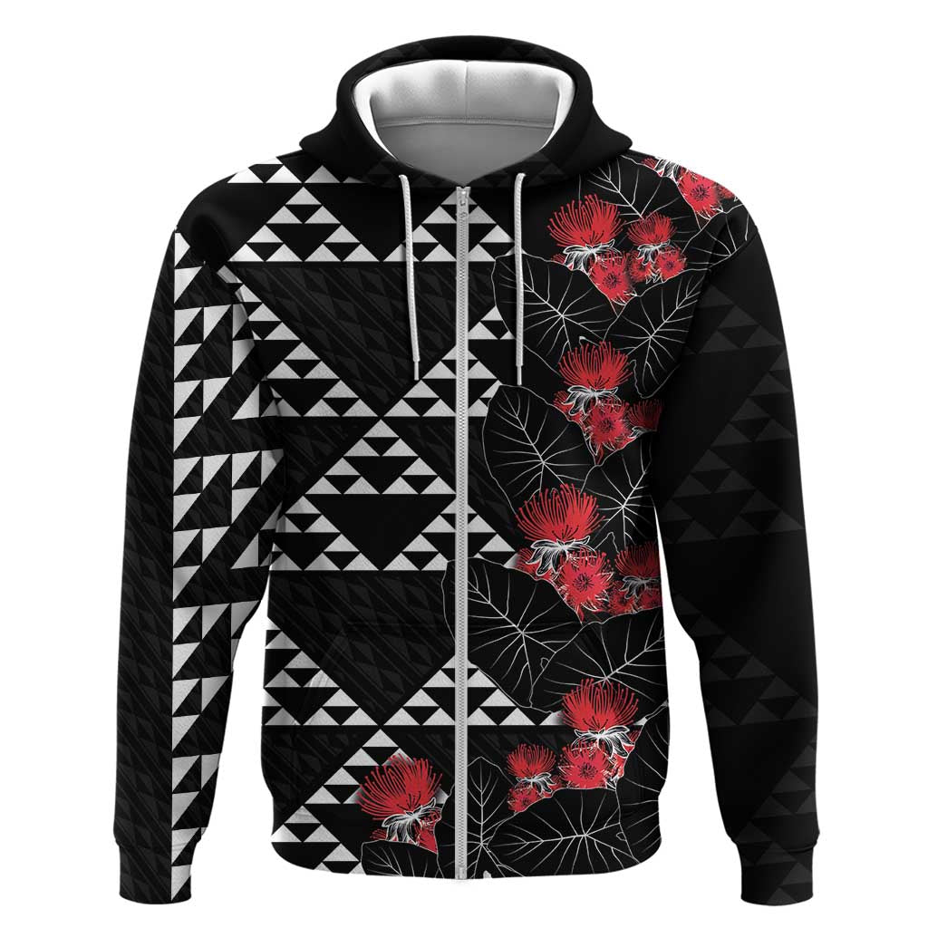 Hawaiian White Kakau Art Tattoo-Ohia Lehua and Taro Leaves Zip Hoodie