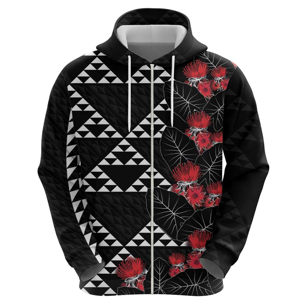 Hawaiian White Kakau Art Tattoo-Ohia Lehua and Taro Leaves Zip Hoodie