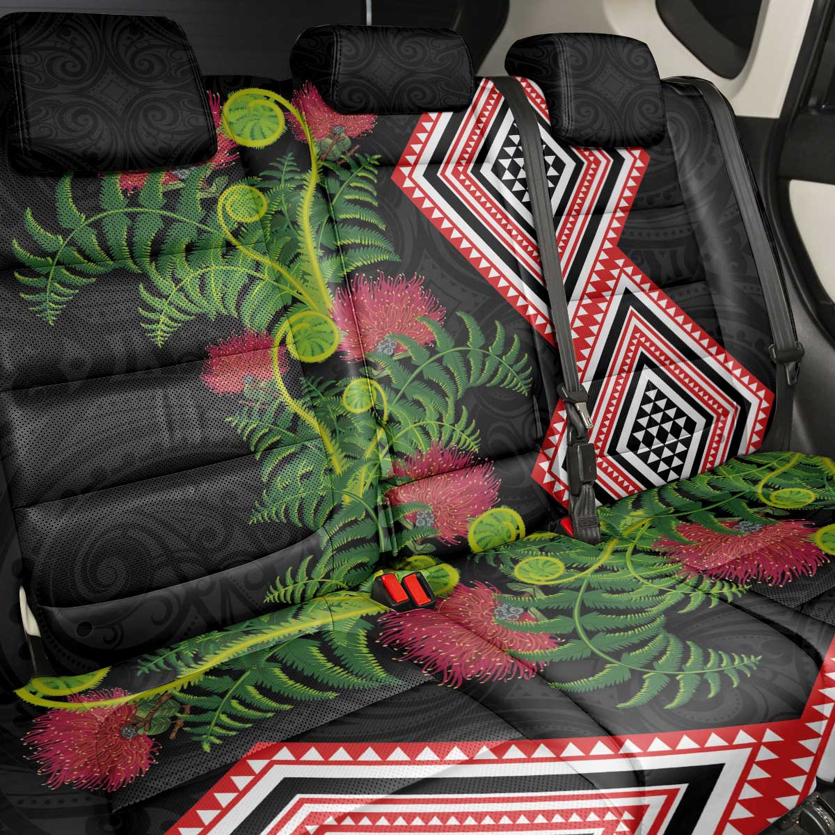 Aotearoa Tukutuku Motif Back Car Seat Cover Pohutukawa and Fern Leaves